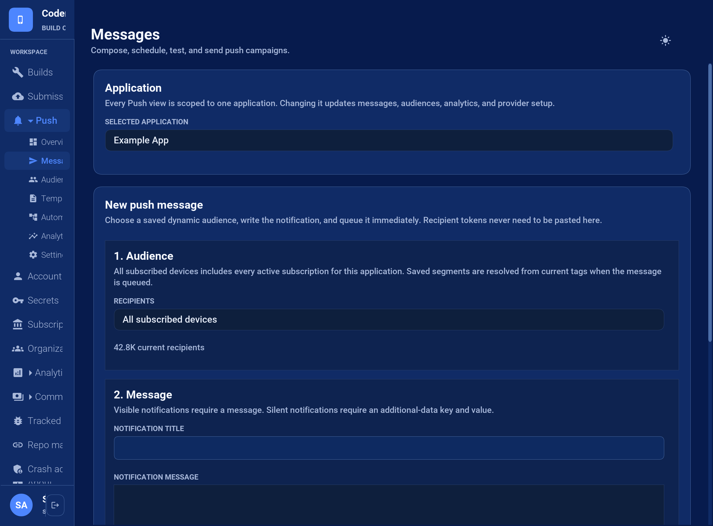 New Push Message composer with audience, message, and delivery sections