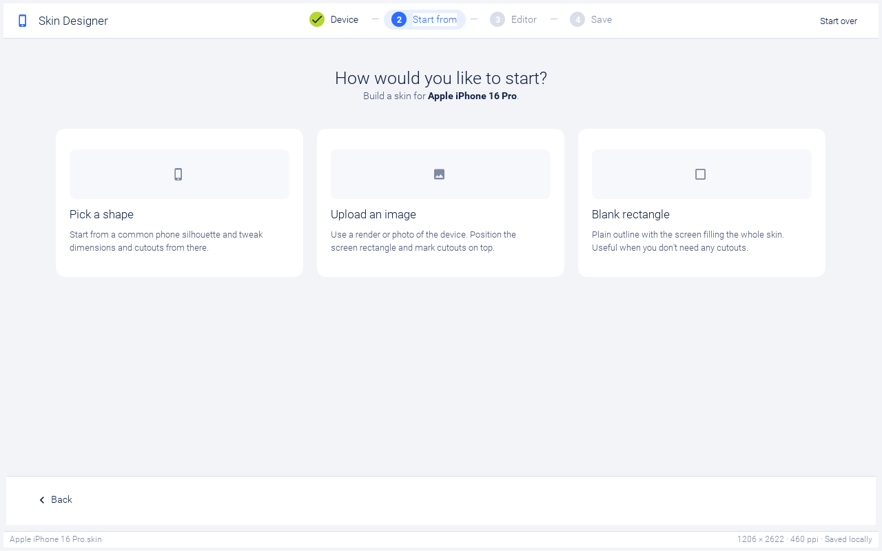 Source picker with three large cards: Pick a shape, Upload an image, Blank rectangle