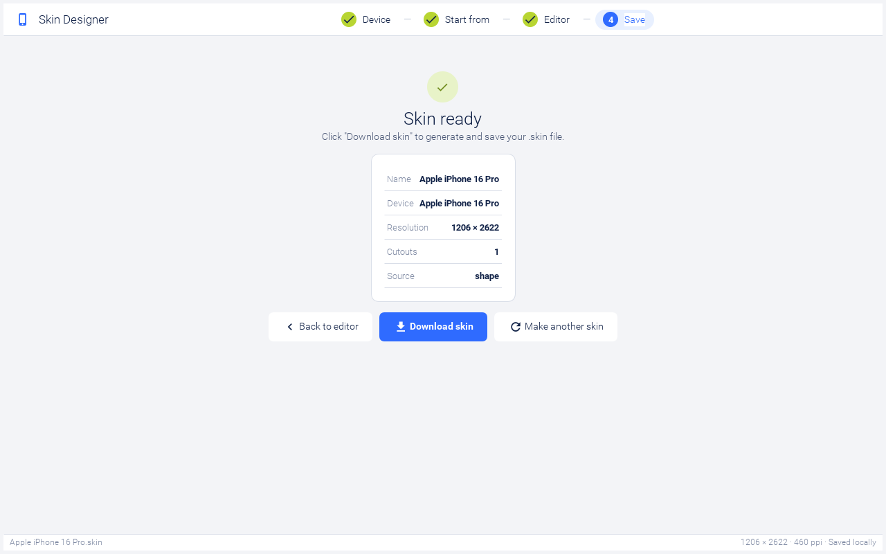 Done page showing the green check, summary of the generated skin, and a Download skin button